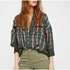 Free People One Of The Guys Plaid Flannel Tunic Shirt,Small,Oversized,Retail$128